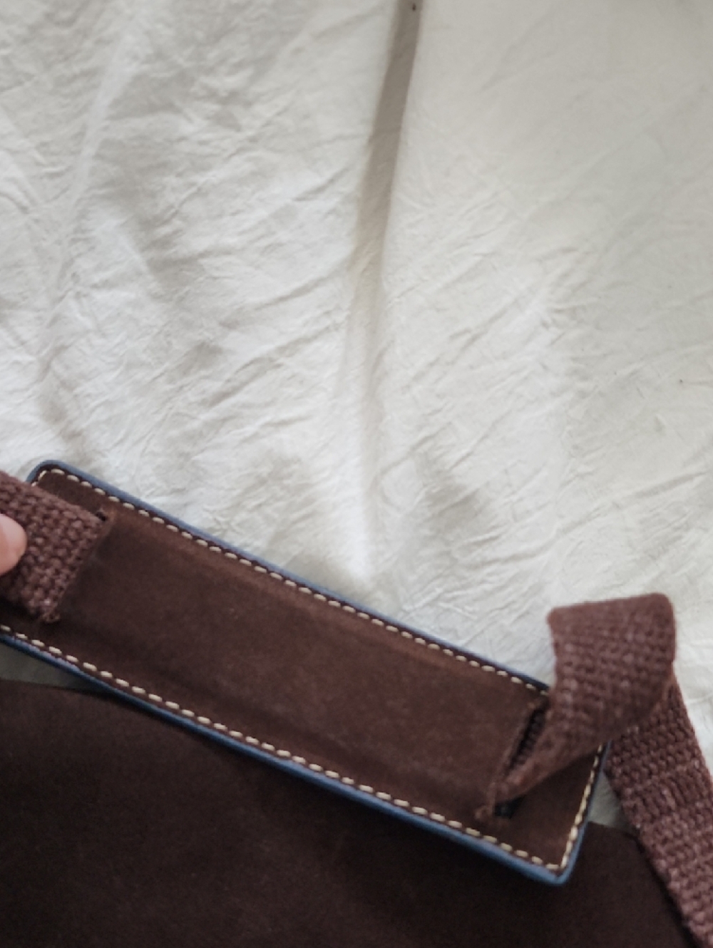 Brown Suede Crossbody Bag with Blue Trim - Picture 4 of 14